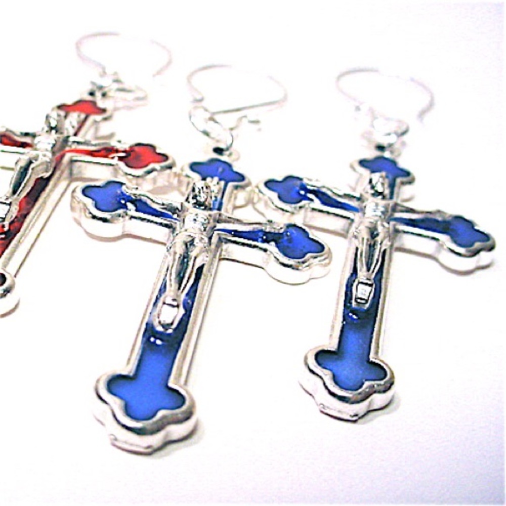 Gothic Catholic Crucifix Cross earrings blue